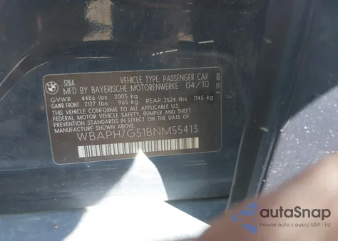 2011 BMW 328I из США, поврежденный, VIN WBAPH7G51BNM55413